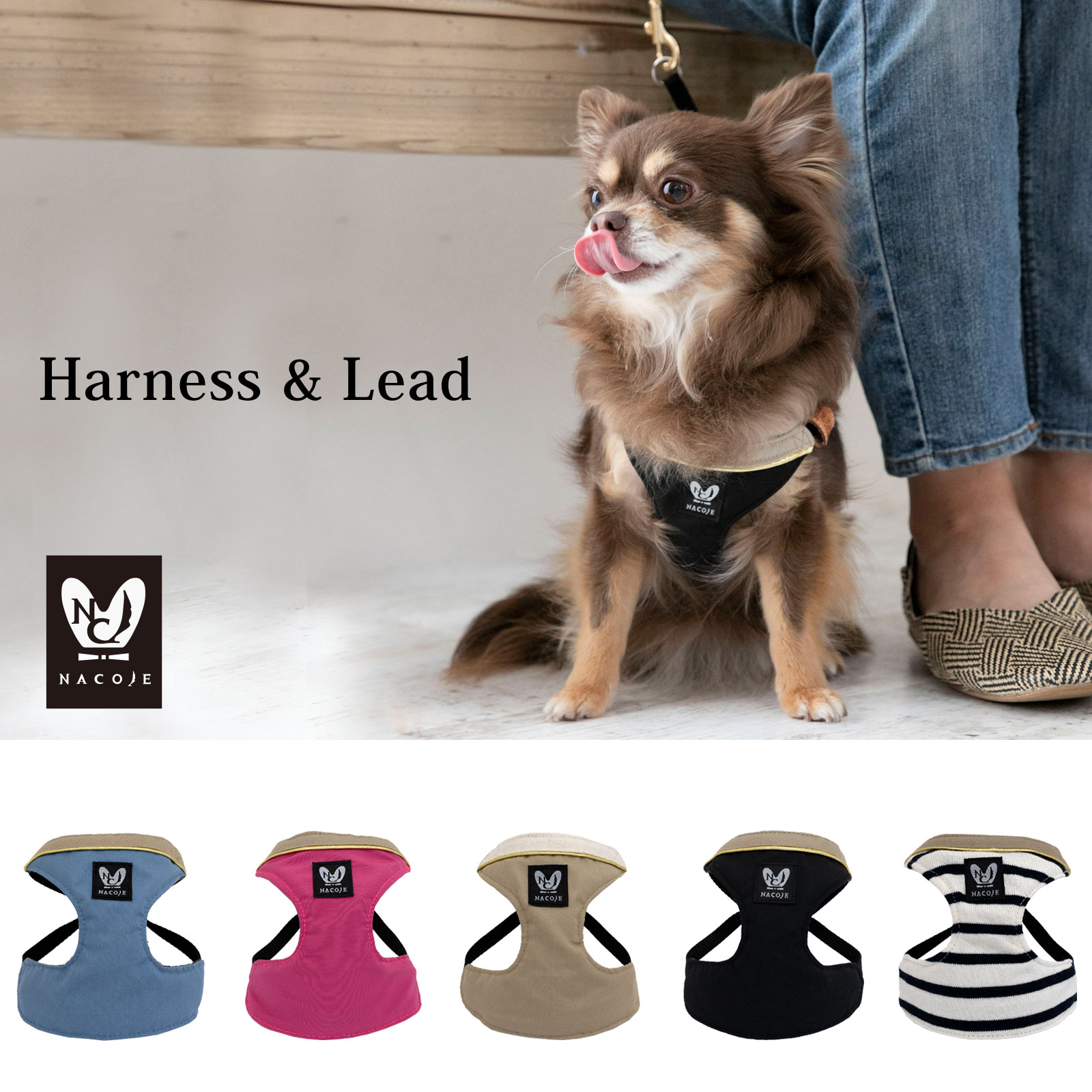 日本製 犬 犬用 ハーネス リードセット シンプル 上品 おしゃれ 犬具 胴輪 小型犬 お散歩 装着簡単 ファッションリード ハーネスリード かわいい  ネコポスOK nacole ナコル nhns